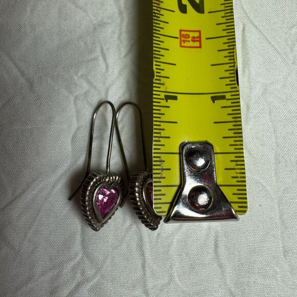 Heart-Shaped Pink Stone Sterling Silver Marked CA 925 Hook Dangle Drop Earrings - Picture 6 of 6
